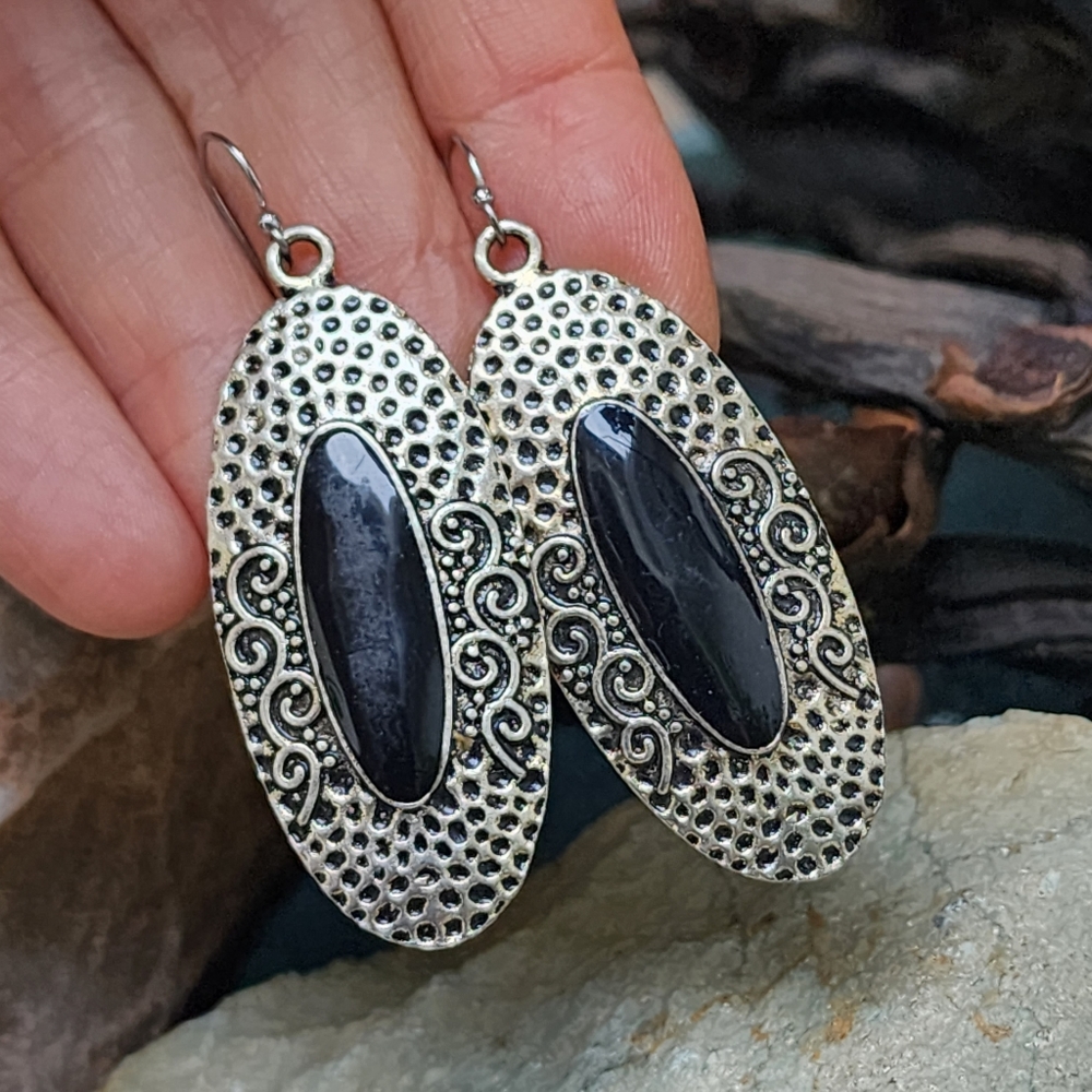❤️ Anthro Boho Black Enameled Silver Earrings